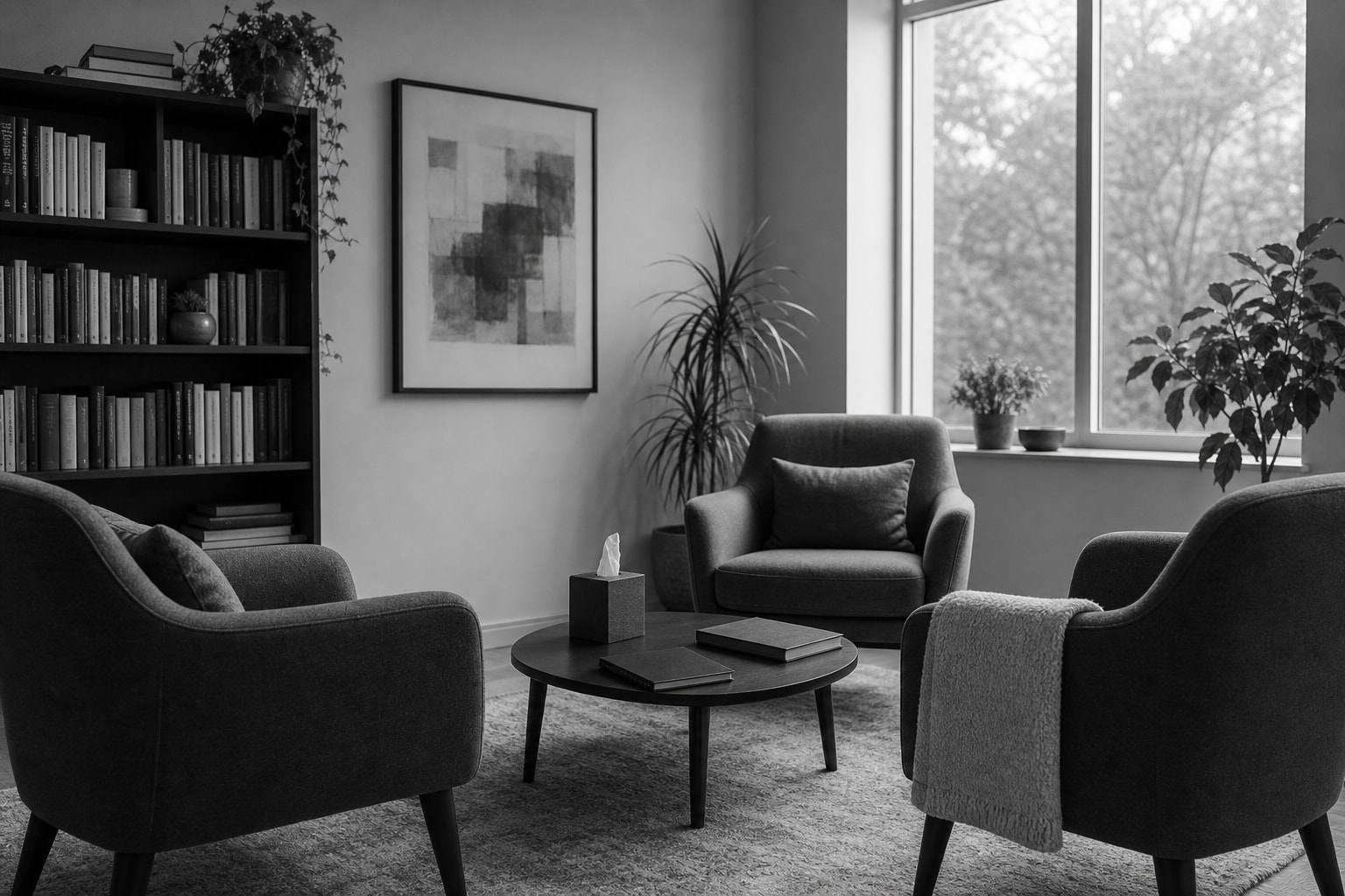 A quiet consulting room with two armchairs facing a low table, a wall of reference books, and daylight from a tall window.