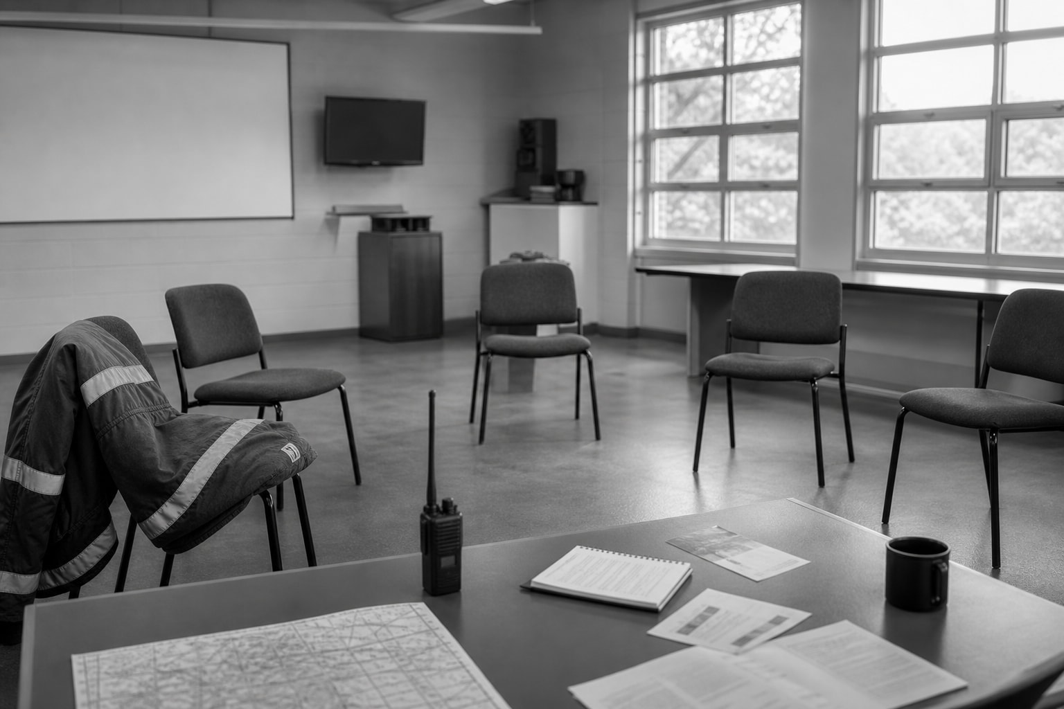 A training room with chairs pulled into a circle, a turnout coat over one chair, and a handheld radio and briefing papers on the table in front.