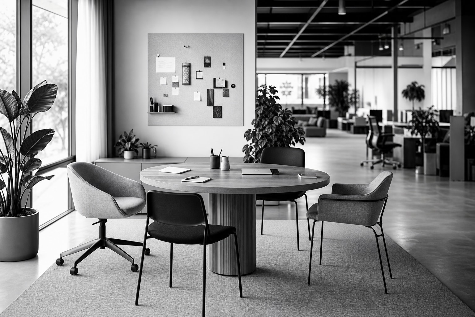 A round meeting table with mismatched soft chairs beside a window, set apart from an open-plan office floor behind it.