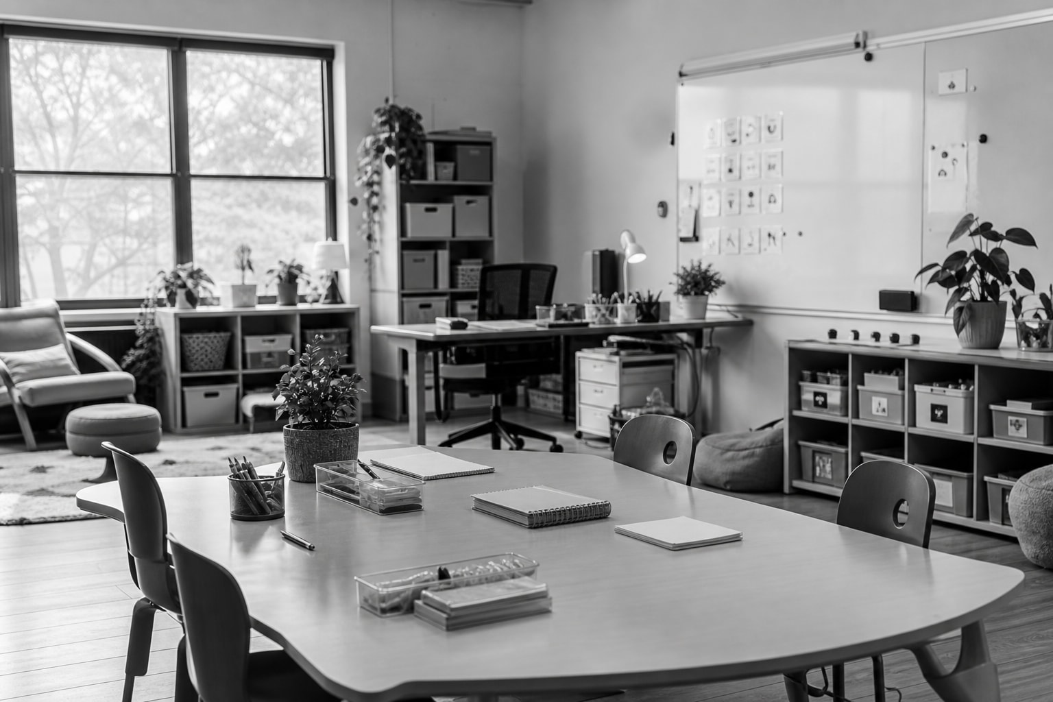 A school resource room with a kidney-shaped worktable, notebooks and pencil pots, labelled storage cubbies, and a whiteboard of visual cue cards.