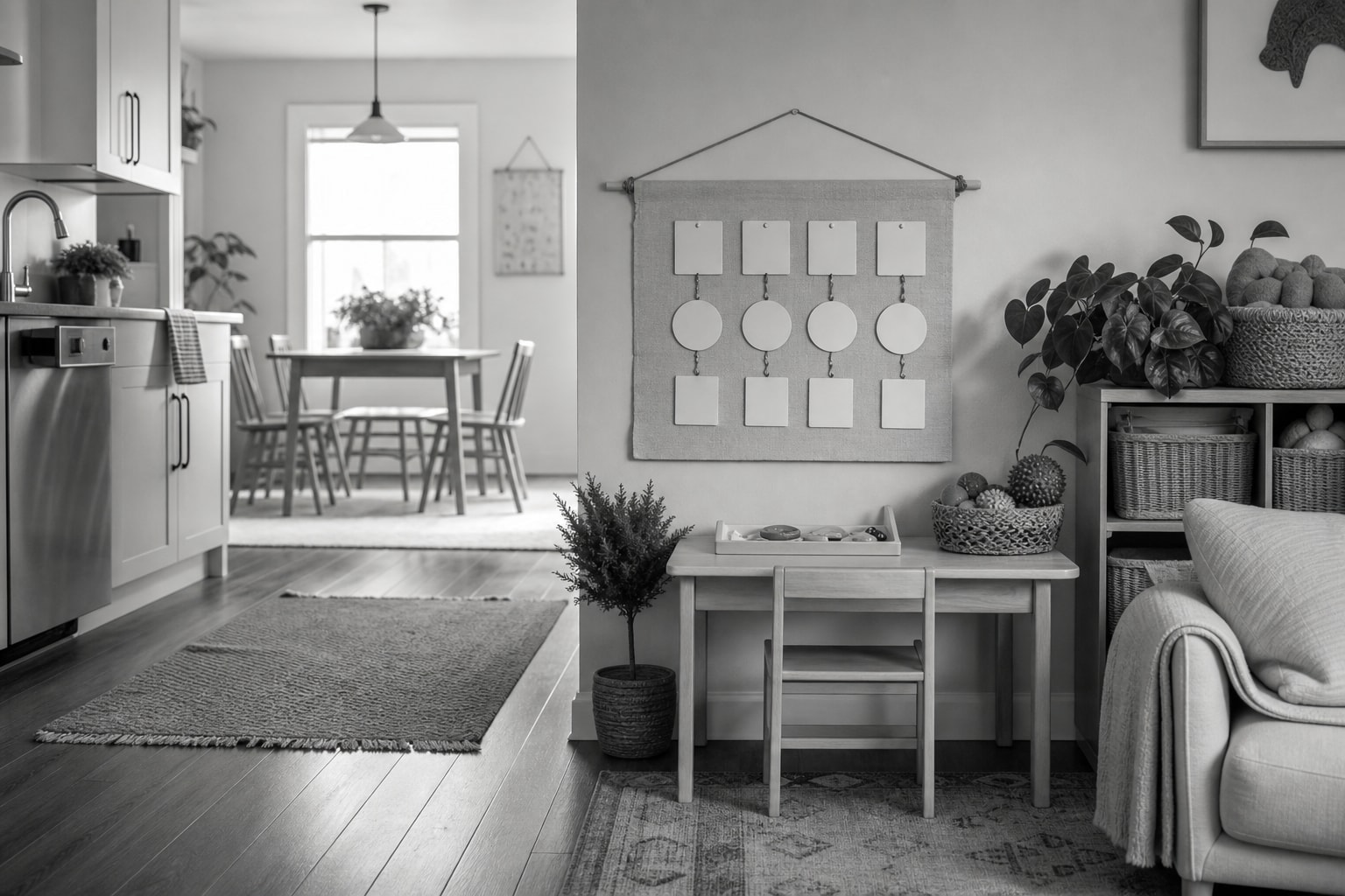 A family living space with a child-height table and chair, a fabric wall chart of routine cards, baskets of sensory items, and a kitchen beyond.