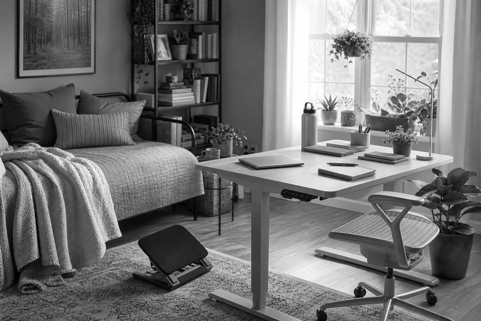 A home workspace arranged for regulation: a height-adjustable desk, an ergonomic chair, a footrest, plants along the windowsill, and a daybed alongside.